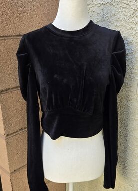 Kit + Sky Black Velvet Long-Sleeve Crop Top